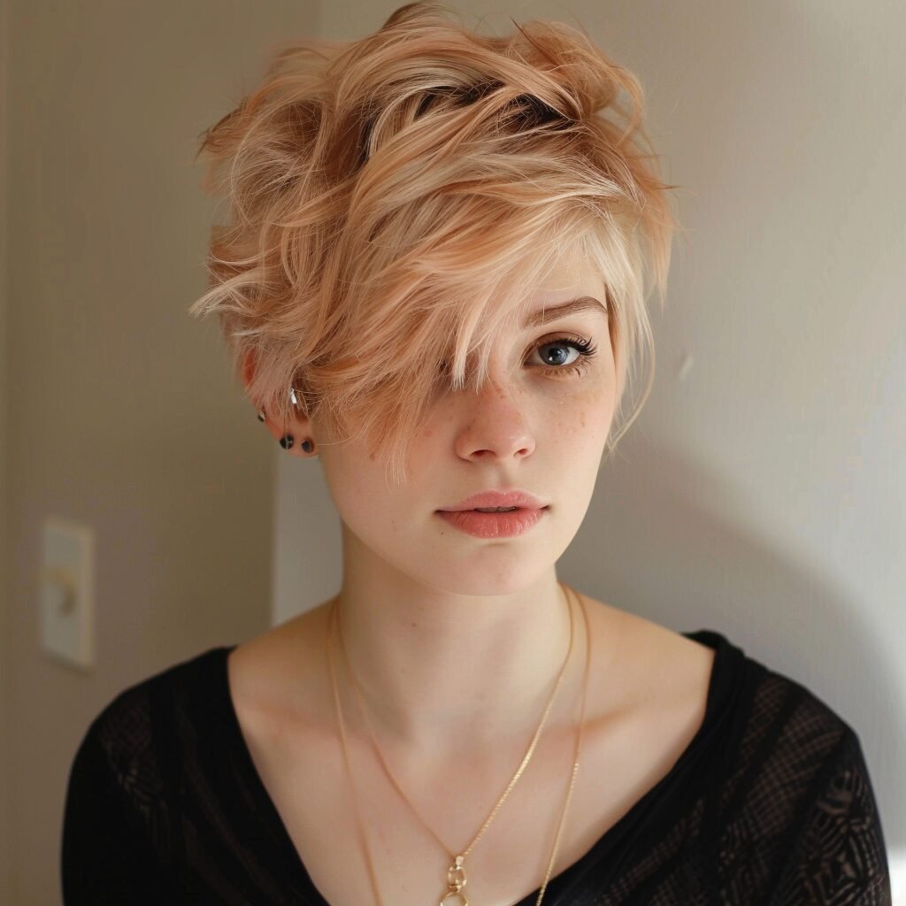 Moderner Shaggy-Pixie in Rosé-Blond