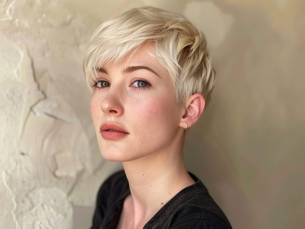 Softer Blond-Pixie mit Seitenpony
