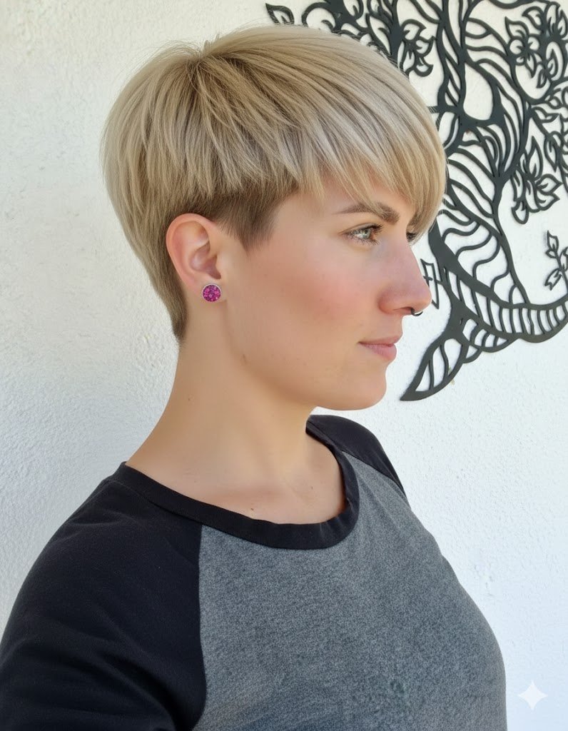 Blonder Pixie mit tiefem Pony und Undercut